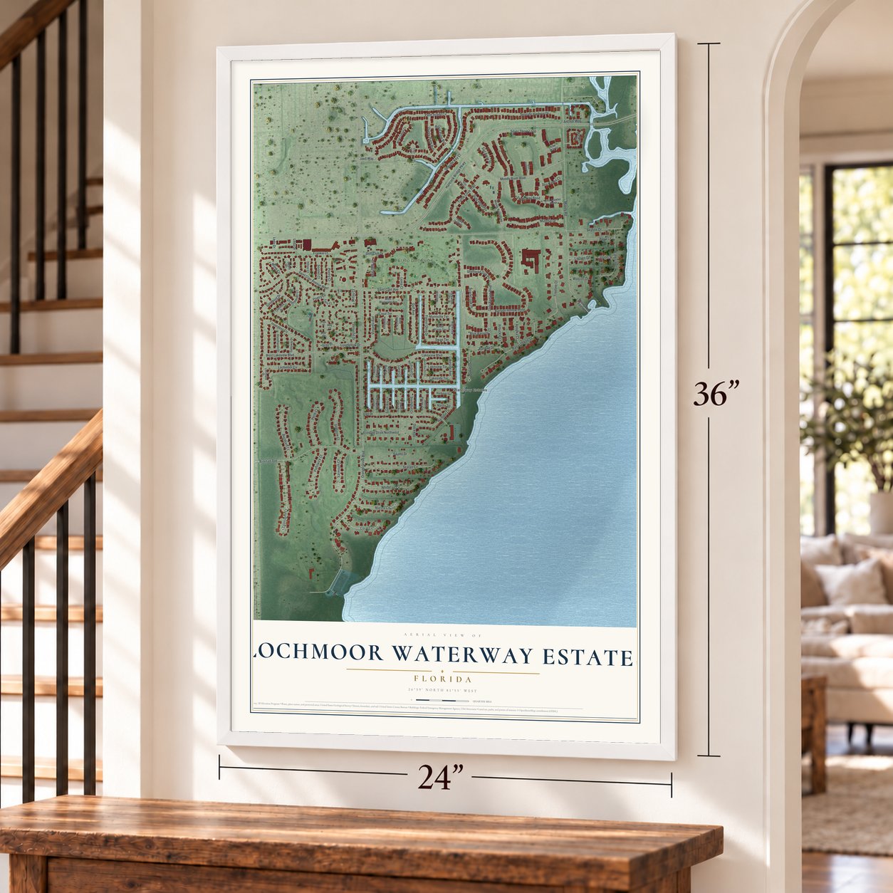 Lochmoor Waterway Estates, Florida map, 24 x 36 inch print in a white frame by a staircase
