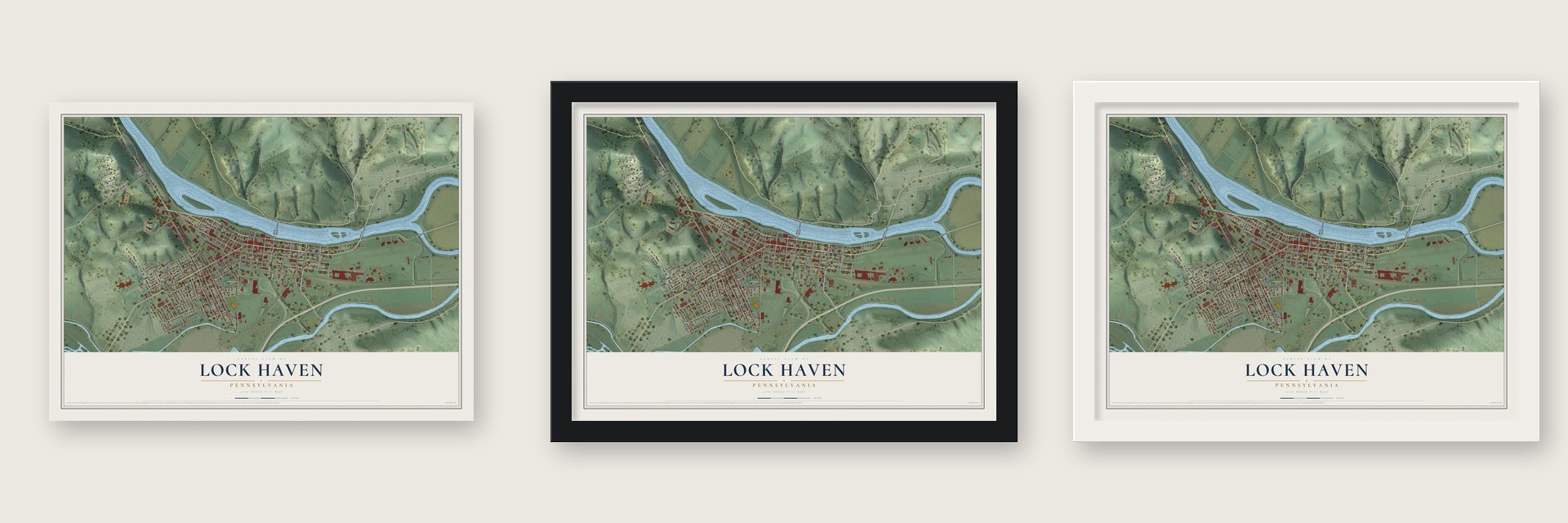 Lock Haven, Pennsylvania map unframed, in a black wood frame and in a white wood frame