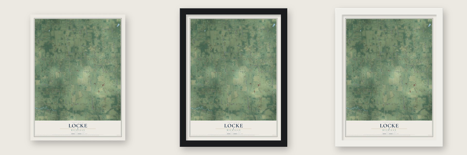 Locke, Michigan map unframed, in a black wood frame and in a white wood frame