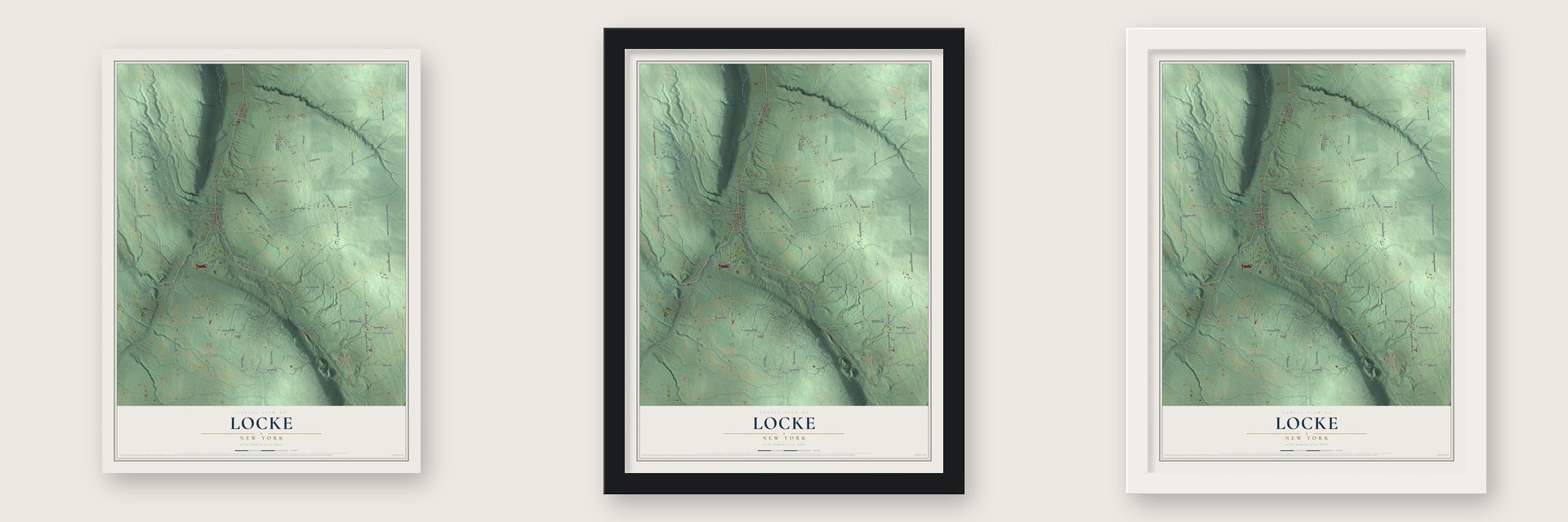 Locke, New York map unframed, in a black wood frame and in a white wood frame