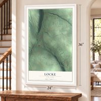Locke, New York map, 24 x 36 inch print in a white frame by a staircase