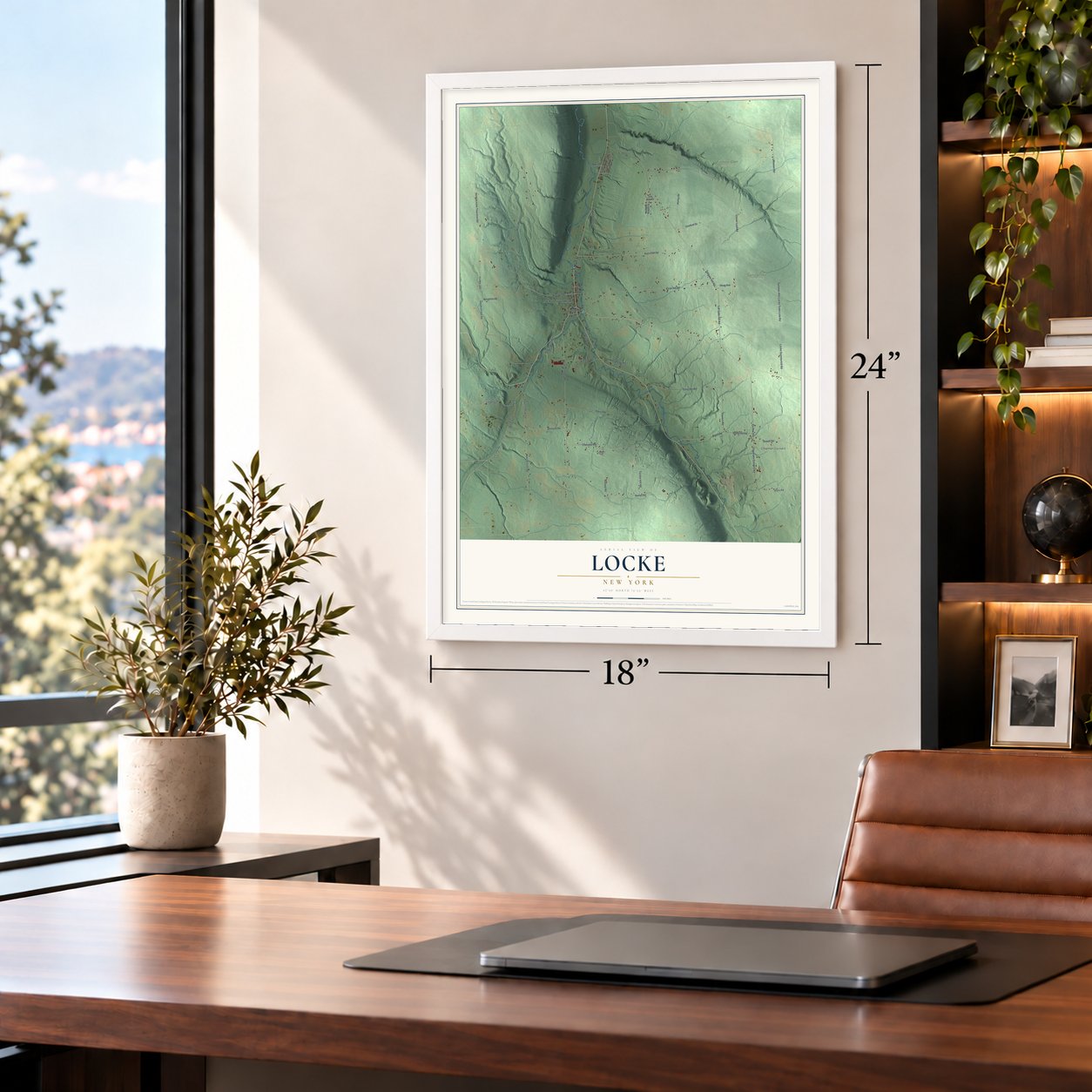 Locke, New York map, 18 x 24 inch print in a white frame in a home office