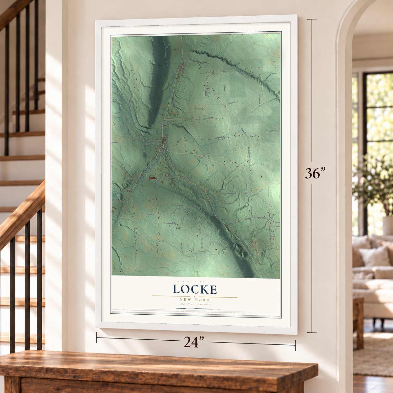 Locke, New York map, 24 x 36 inch print in a white frame by a staircase