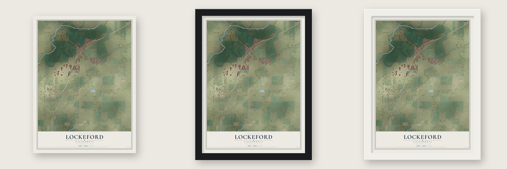 Lockeford, California map unframed, in a black wood frame and in a white wood frame
