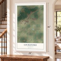 Lockeford, California map, 24 x 36 inch print in a white frame by a staircase