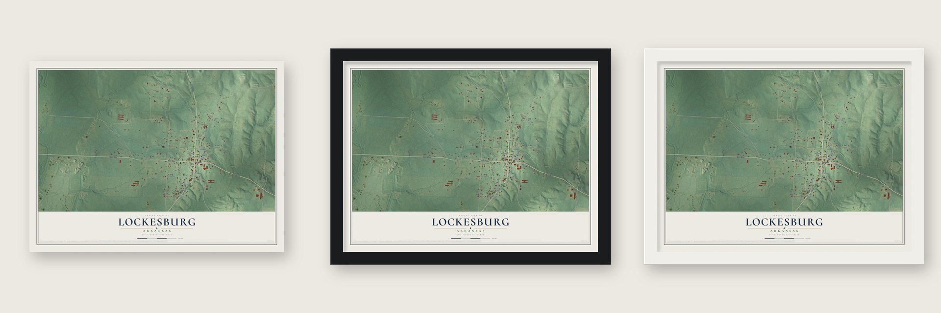 Lockesburg, Arkansas map unframed, in a black wood frame and in a white wood frame