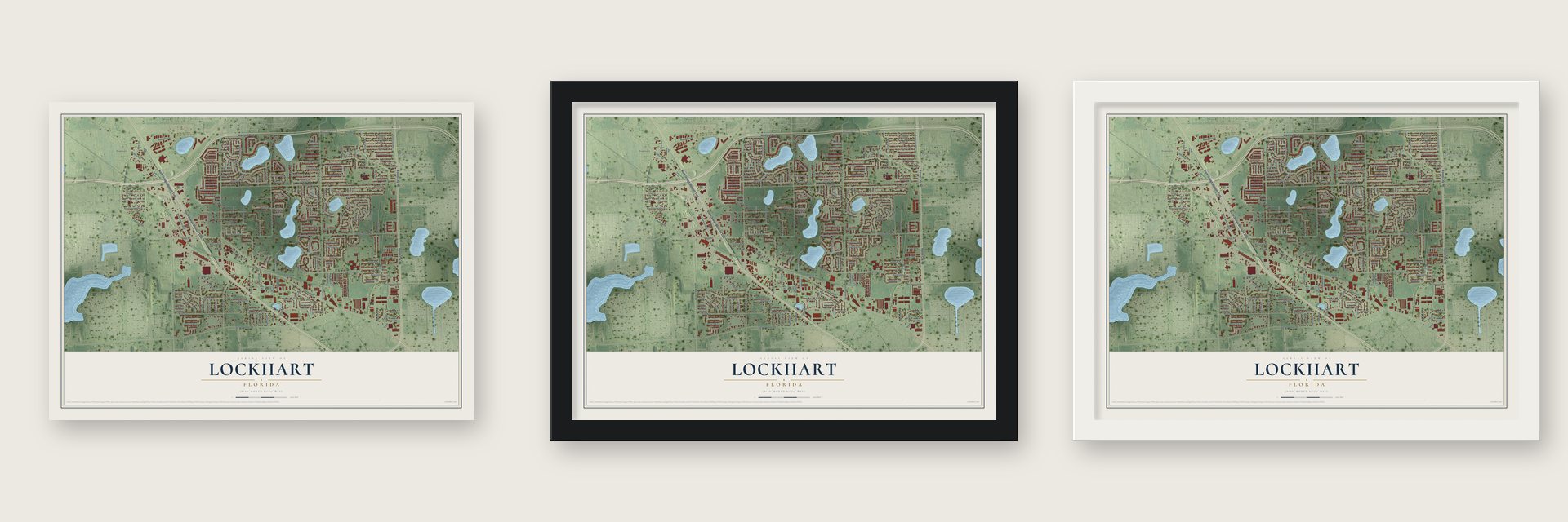 Lockhart, Florida map unframed, in a black wood frame and in a white wood frame