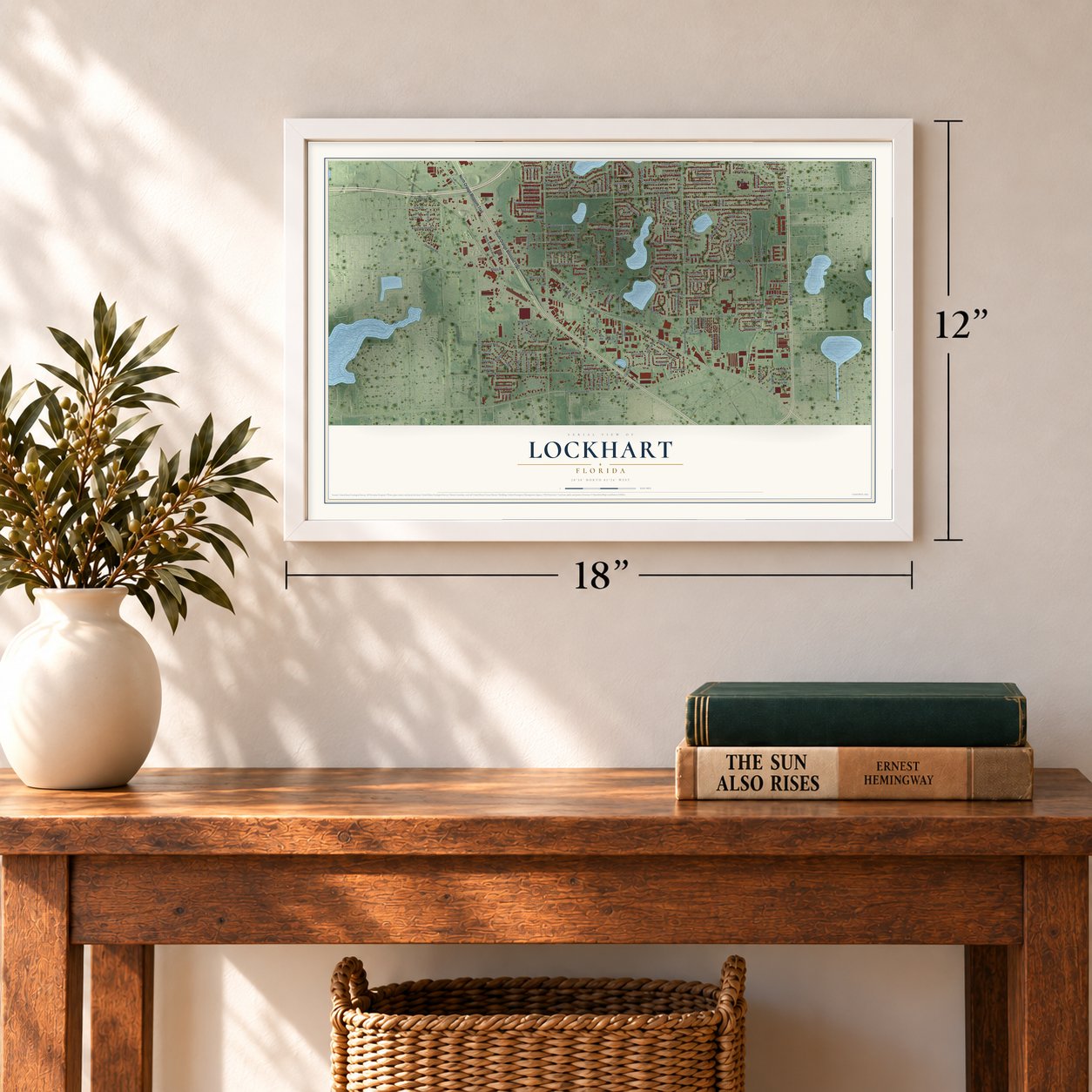 Lockhart, Florida map, 12 x 18 inch print in a white frame in an entryway