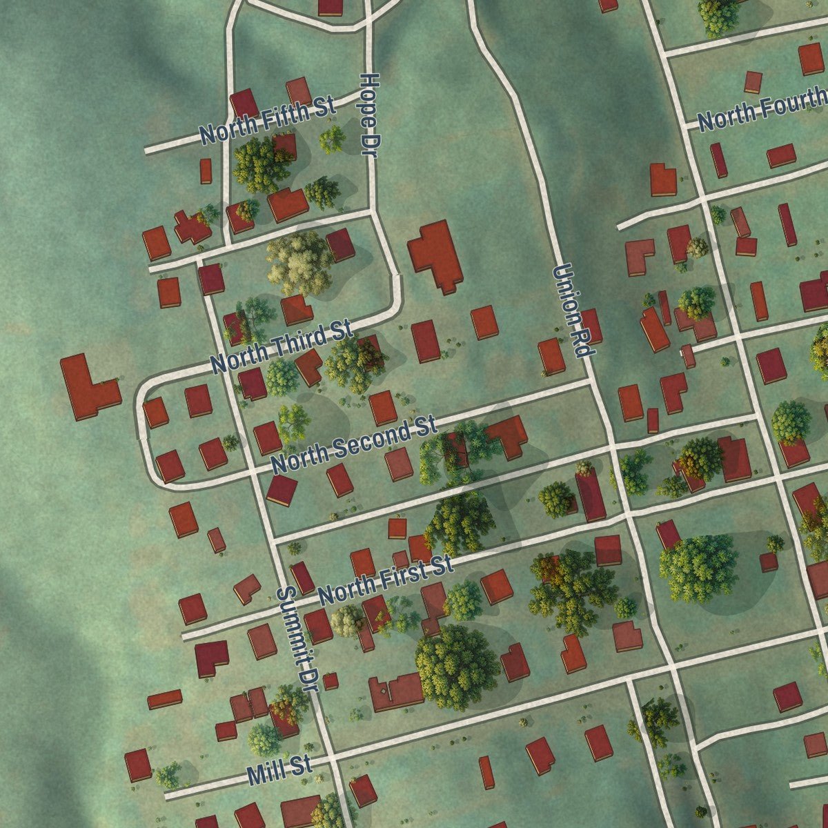 Second close-up of the map of Lockhart, South Carolina print showing more streets and buildings