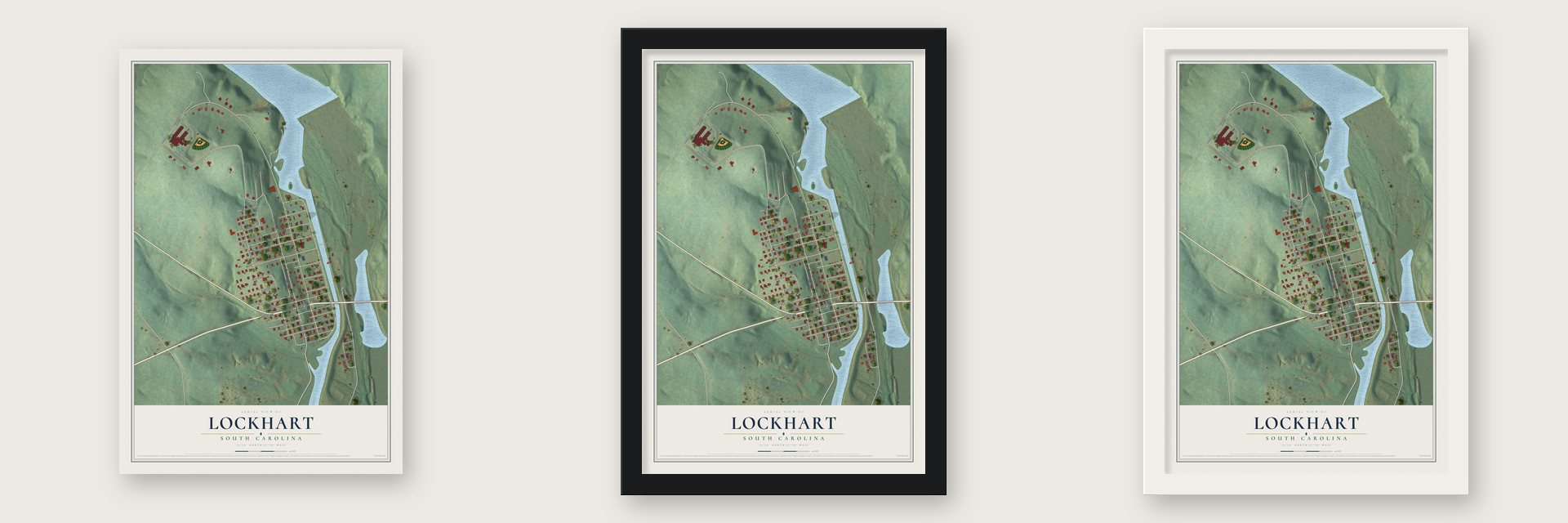 Lockhart, South Carolina map unframed, in a black wood frame and in a white wood frame