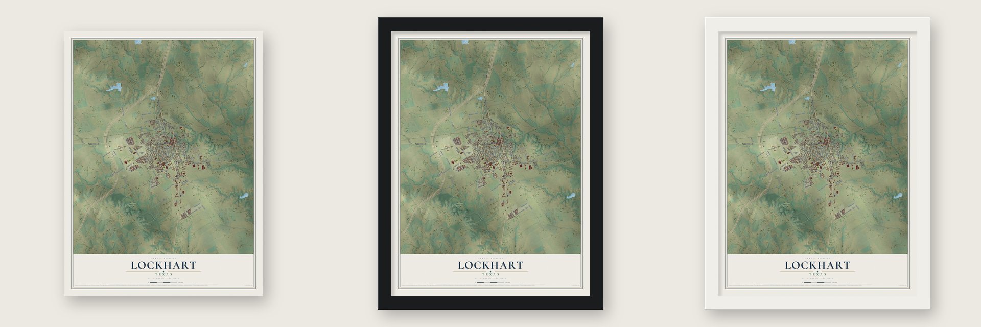 Lockhart, Texas map unframed, in a black wood frame and in a white wood frame