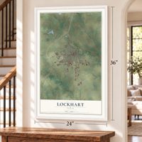 Lockhart, Texas map, 24 x 36 inch print in a white frame by a staircase