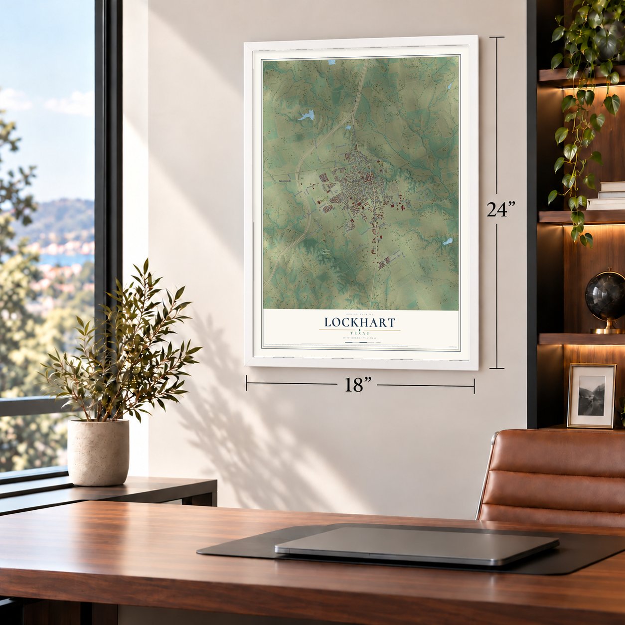 Lockhart, Texas map, 18 x 24 inch print in a white frame in a home office