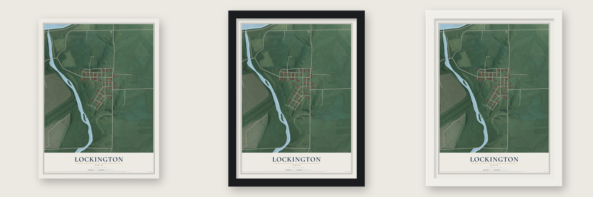 Lockington, Ohio map unframed, in a black wood frame and in a white wood frame