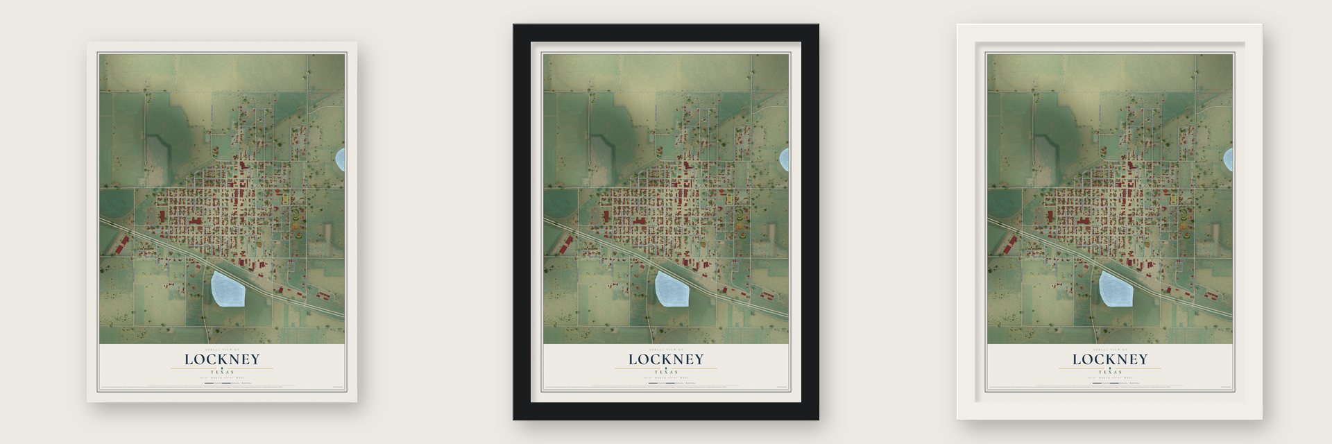 Lockney, Texas map unframed, in a black wood frame and in a white wood frame
