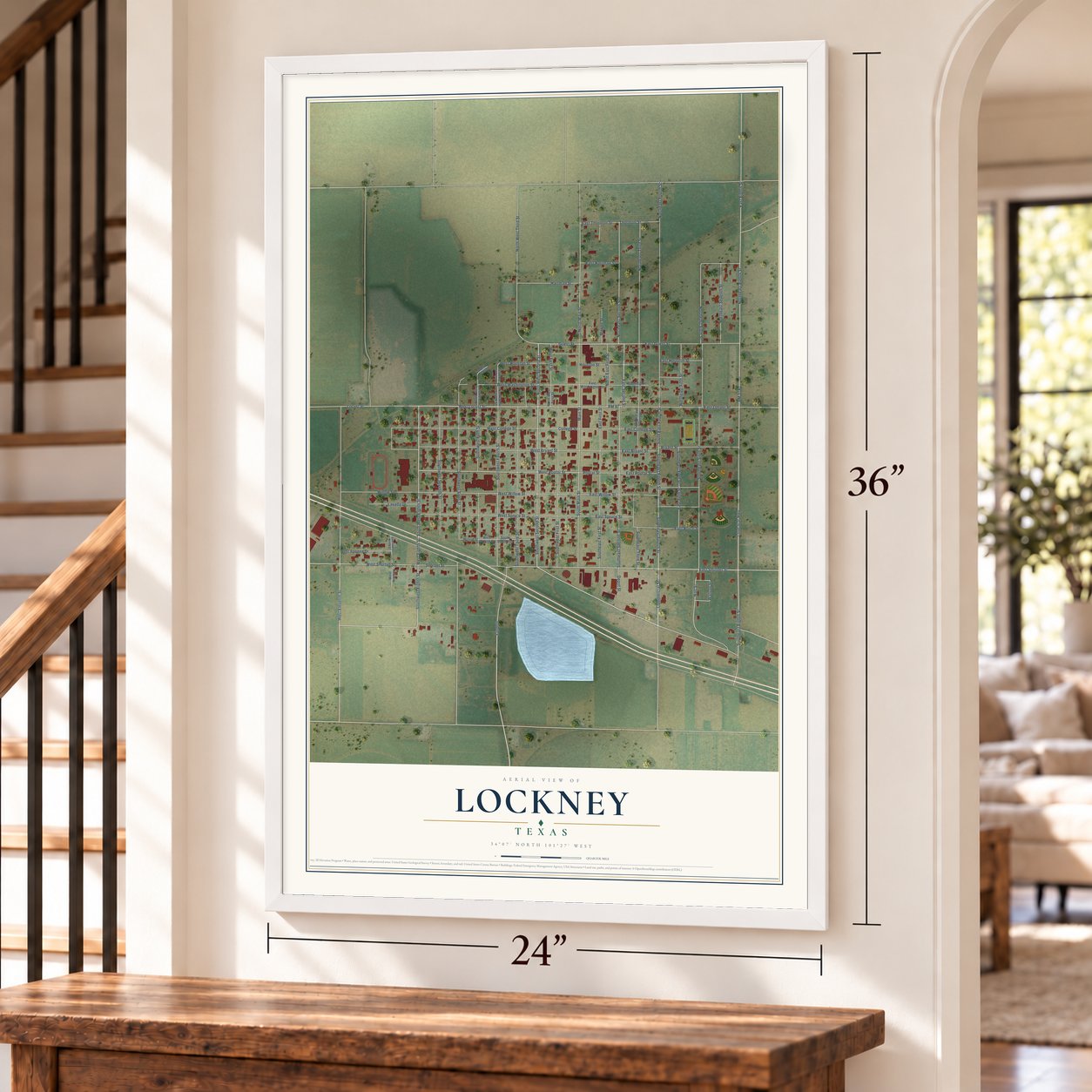 Lockney, Texas map, 24 x 36 inch print in a white frame by a staircase