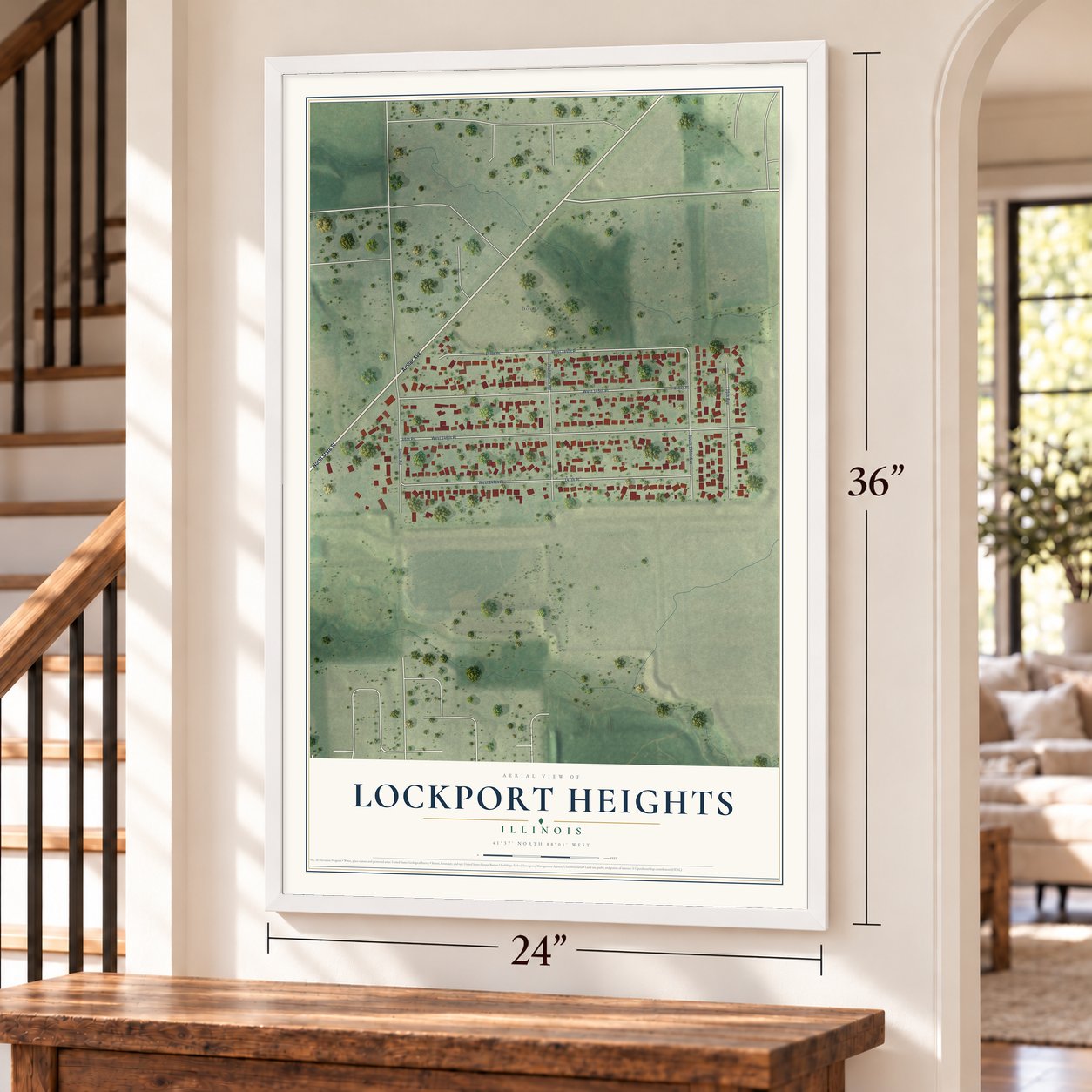 Lockport Heights, Illinois map, 24 x 36 inch print in a white frame by a staircase