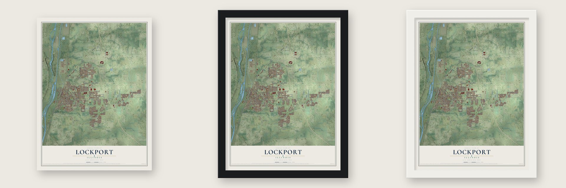 Lockport, Illinois map unframed, in a black wood frame and in a white wood frame