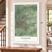 Lockport, Illinois map, 24 x 36 inch print in a white frame by a staircase