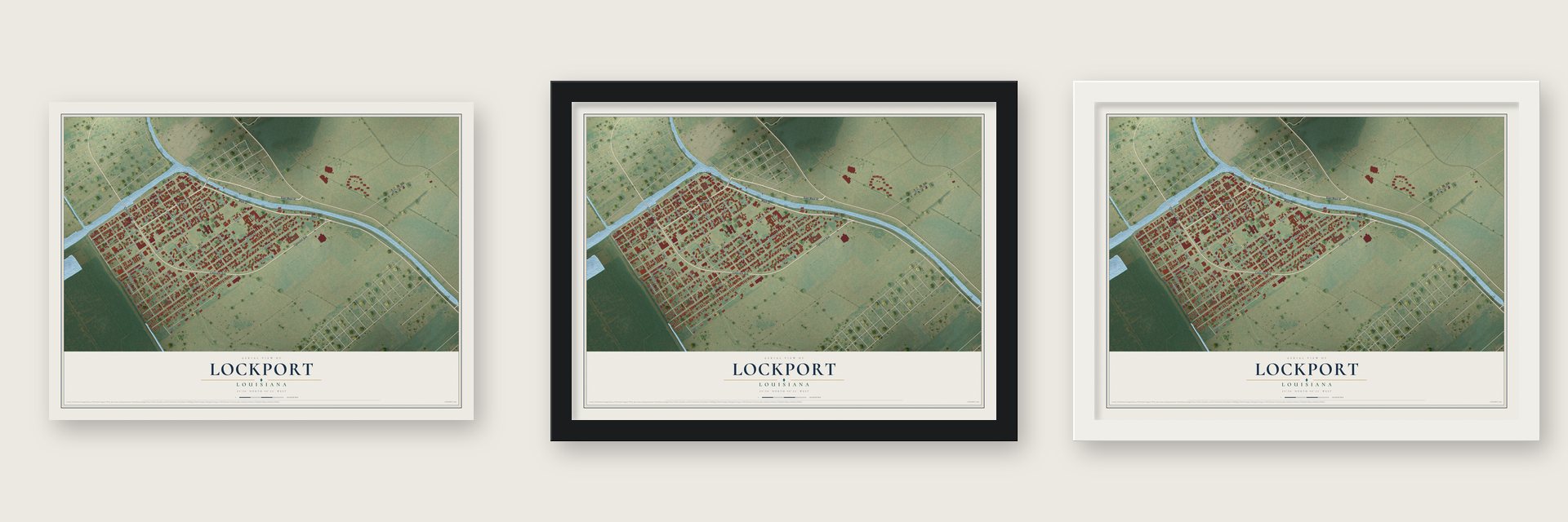 Lockport, Louisiana map unframed, in a black wood frame and in a white wood frame