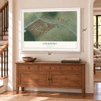 Lockport, Louisiana map, 24 x 36 inch print in a white frame above a dresser by a staircase