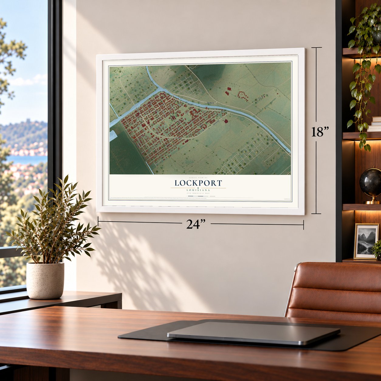 Lockport, Louisiana map, 18 x 24 inch print in a white frame in a home office