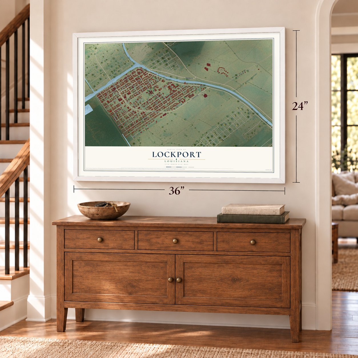 Lockport, Louisiana map, 24 x 36 inch print in a white frame above a dresser by a staircase