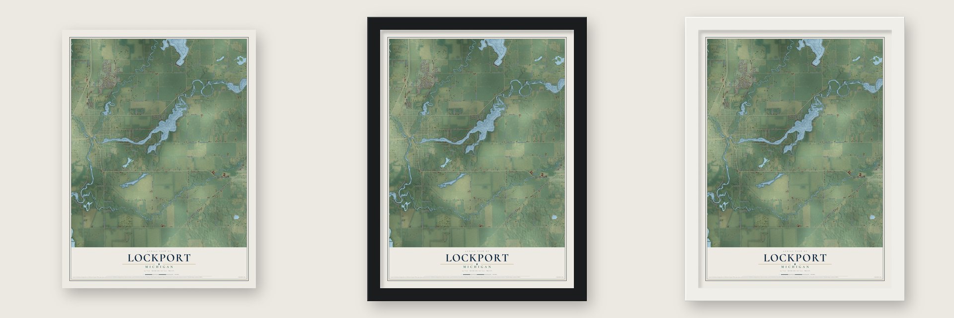 Lockport, Michigan map unframed, in a black wood frame and in a white wood frame