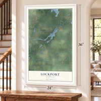 Lockport, Michigan map, 24 x 36 inch print in a white frame by a staircase