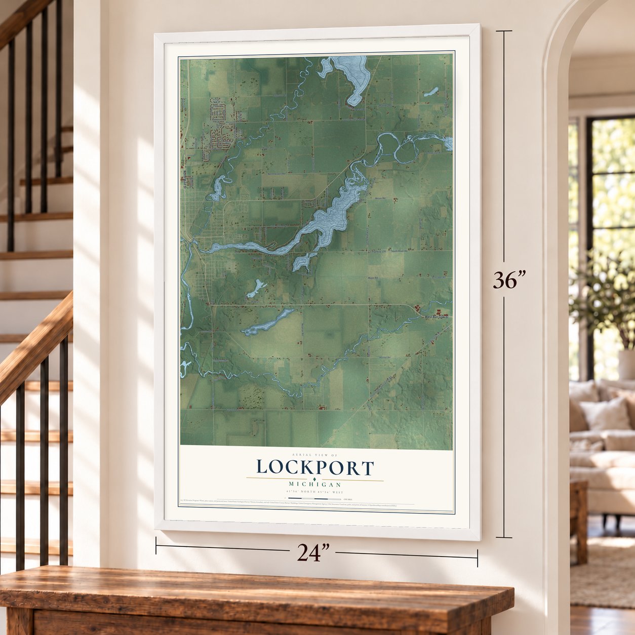 Lockport, Michigan map, 24 x 36 inch print in a white frame by a staircase