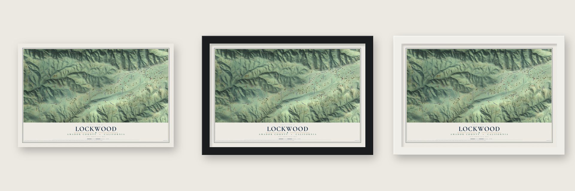 Lockwood, California map unframed, in a black wood frame and in a white wood frame