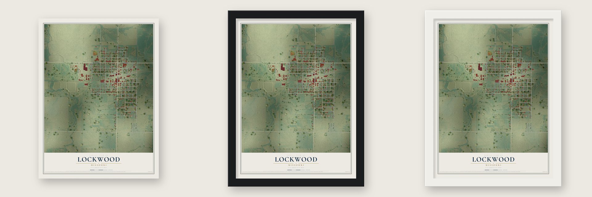 Lockwood, Missouri map unframed, in a black wood frame and in a white wood frame