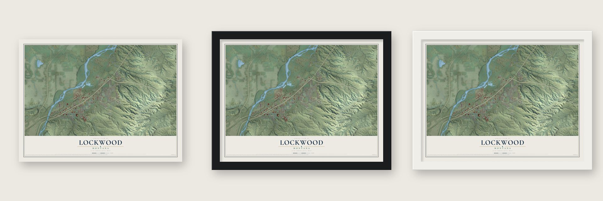 Lockwood, Montana map unframed, in a black wood frame and in a white wood frame
