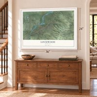 Lockwood, Montana map, 24 x 36 inch print in a white frame above a dresser by a staircase