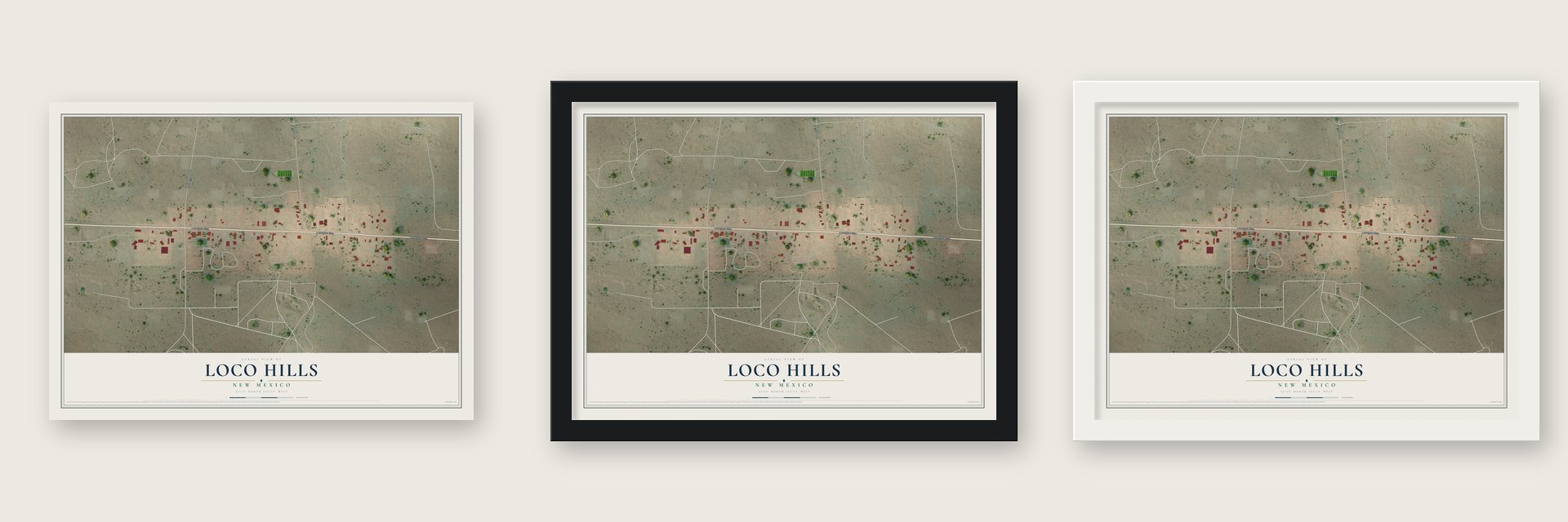 Loco Hills, New Mexico map unframed, in a black wood frame and in a white wood frame