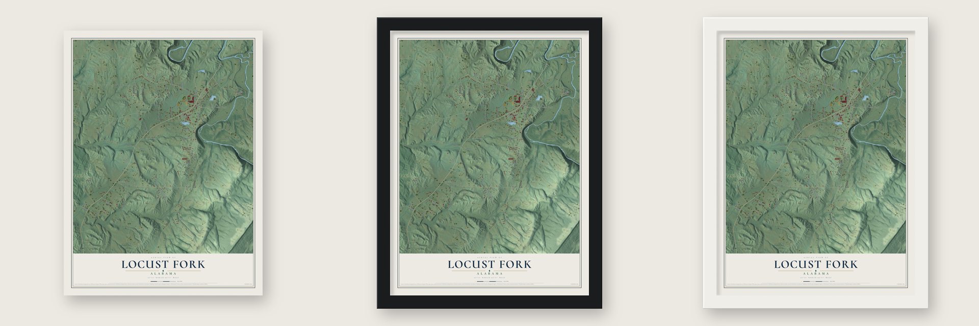 Locust Fork, Alabama map unframed, in a black wood frame and in a white wood frame