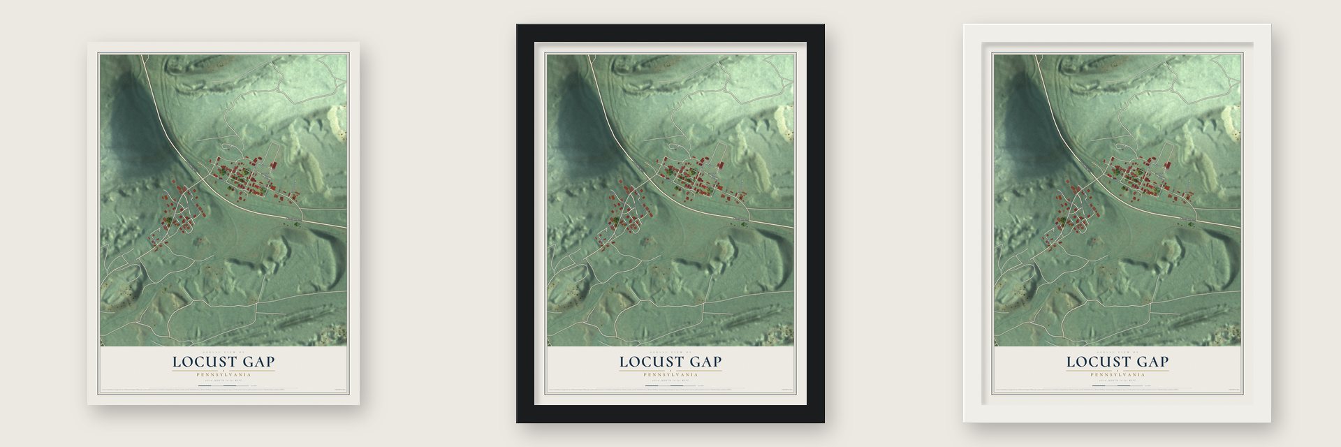 Locust Gap, Pennsylvania map unframed, in a black wood frame and in a white wood frame