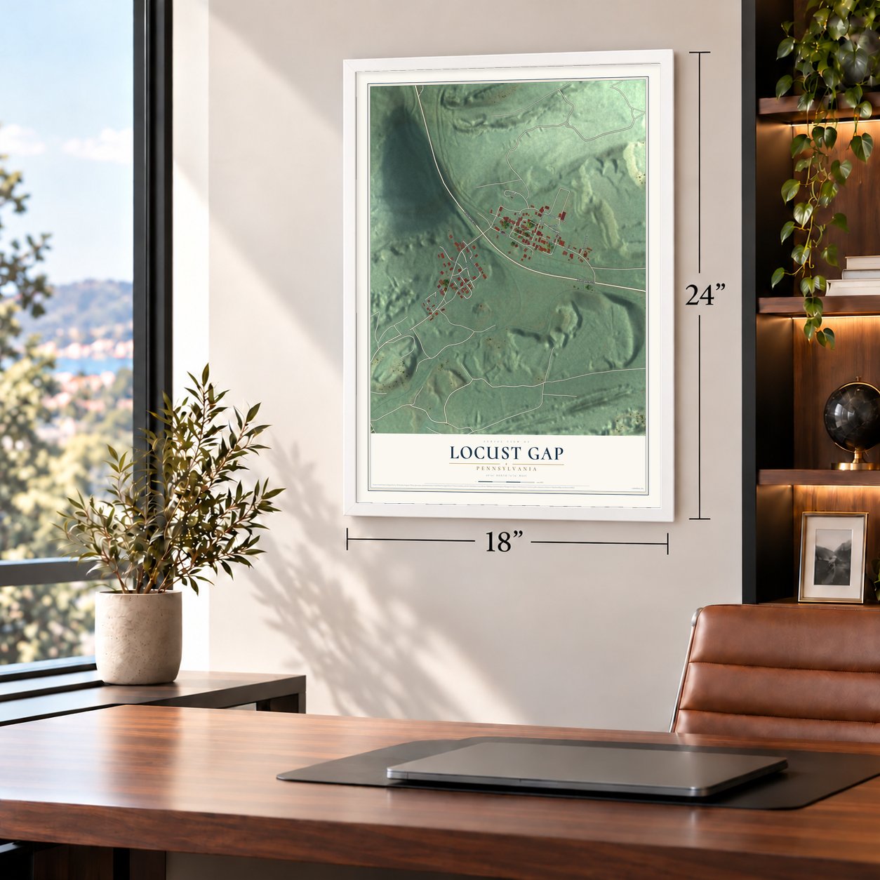 Locust Gap, Pennsylvania map, 18 x 24 inch print in a white frame in a home office