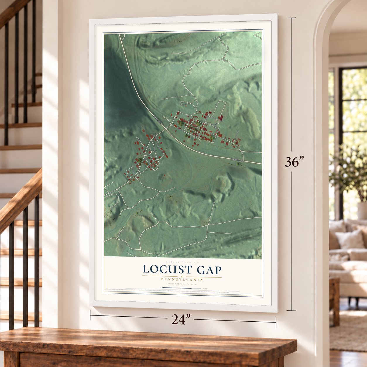 Locust Gap, Pennsylvania map, 24 x 36 inch print in a white frame by a staircase