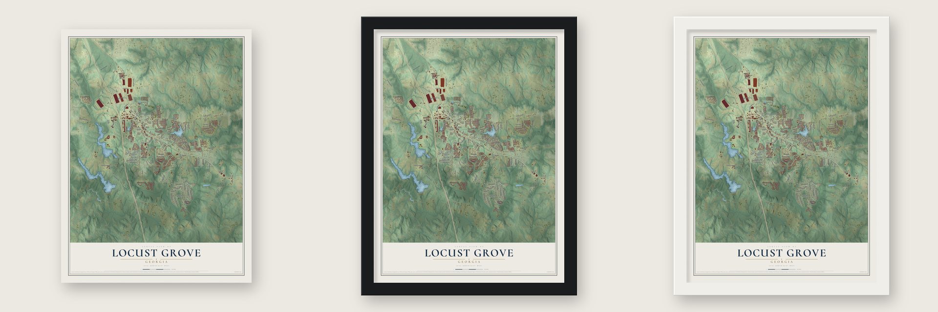 Locust Grove, Georgia map unframed, in a black wood frame and in a white wood frame