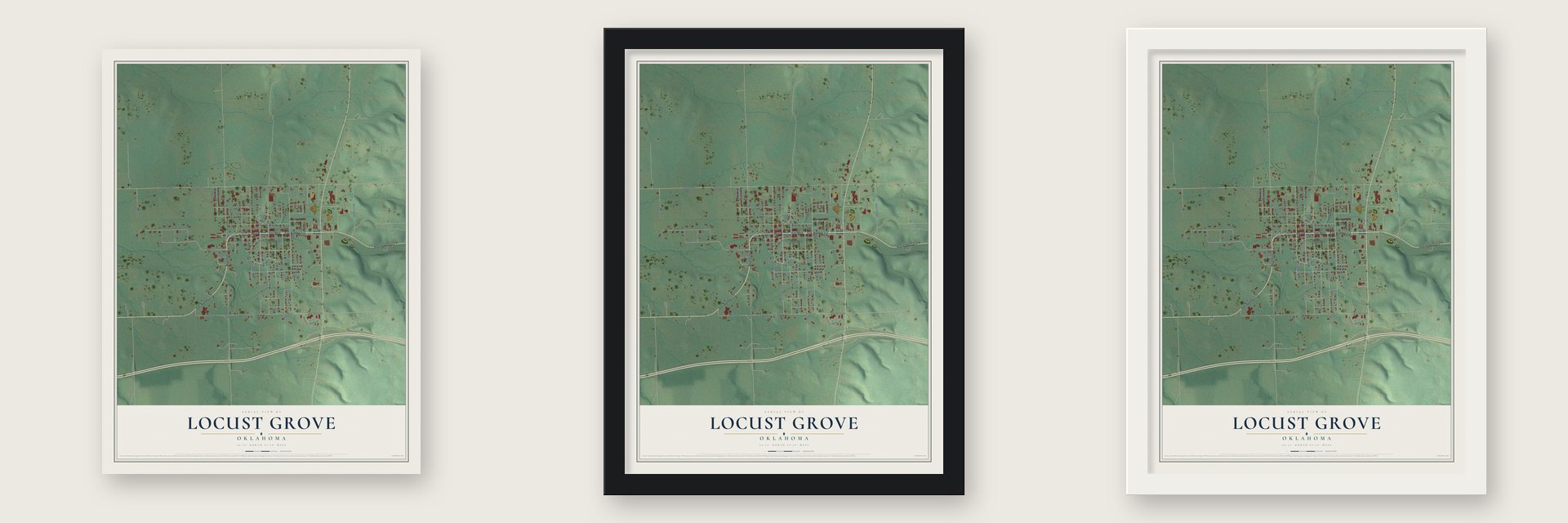 Locust Grove, Oklahoma map unframed, in a black wood frame and in a white wood frame