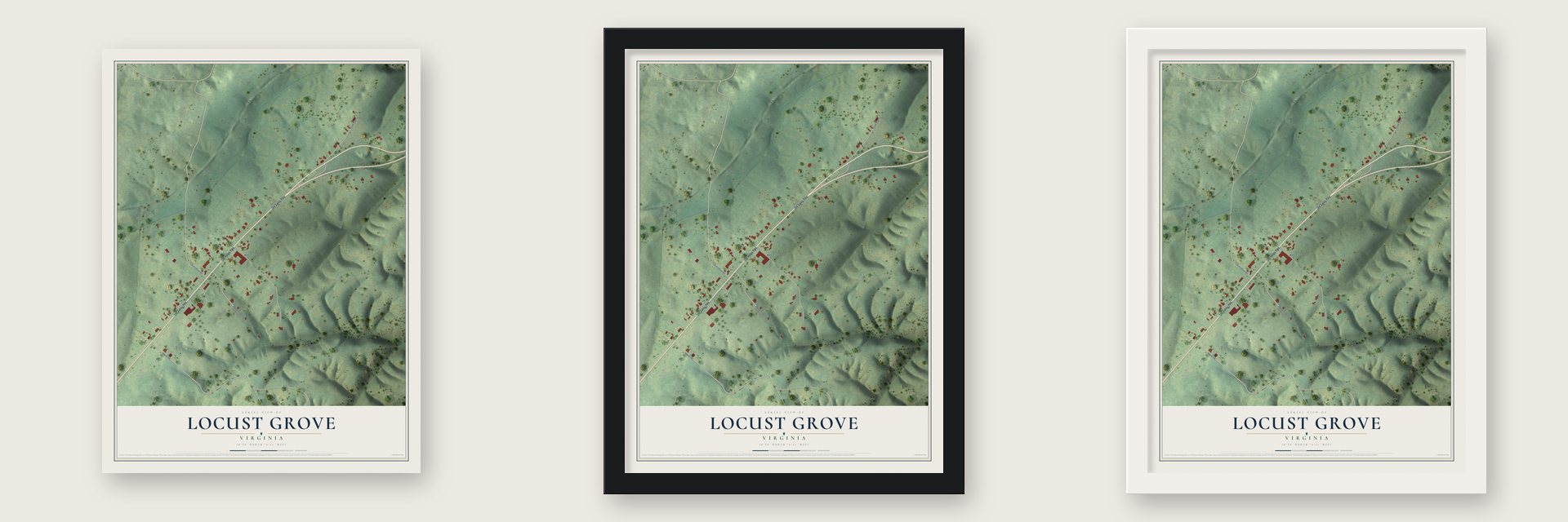 Locust Grove, Virginia map unframed, in a black wood frame and in a white wood frame