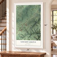 Locust Grove, Virginia map, 24 x 36 inch print in a white frame by a staircase