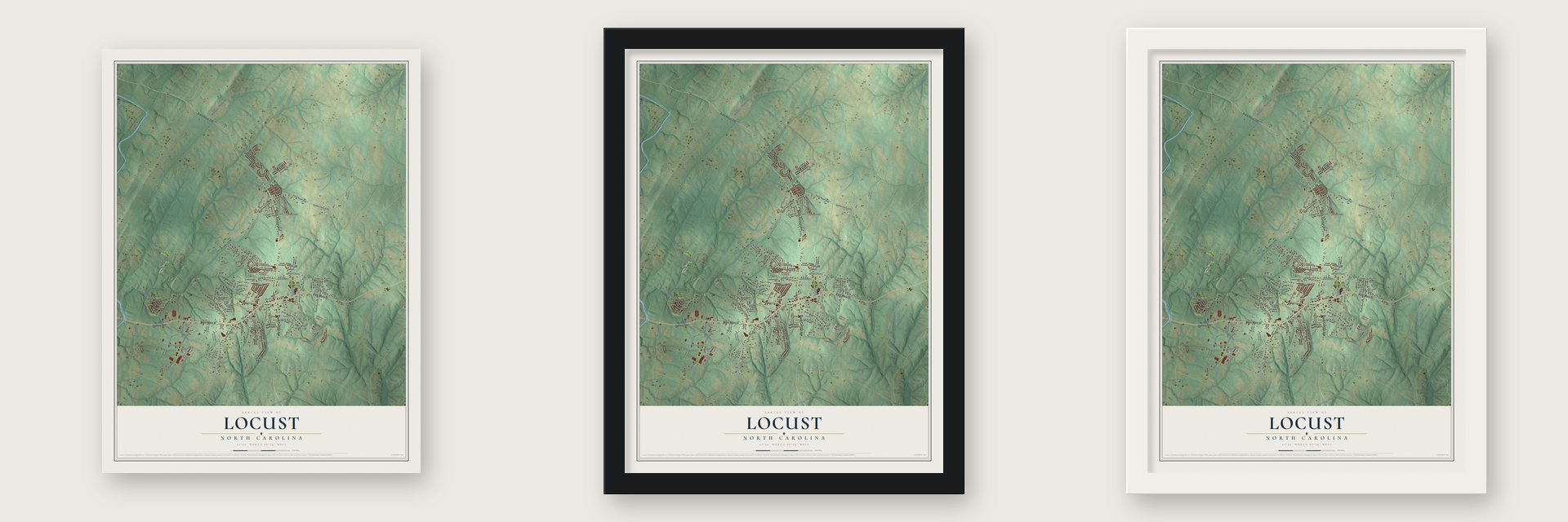 Locust, North Carolina map unframed, in a black wood frame and in a white wood frame