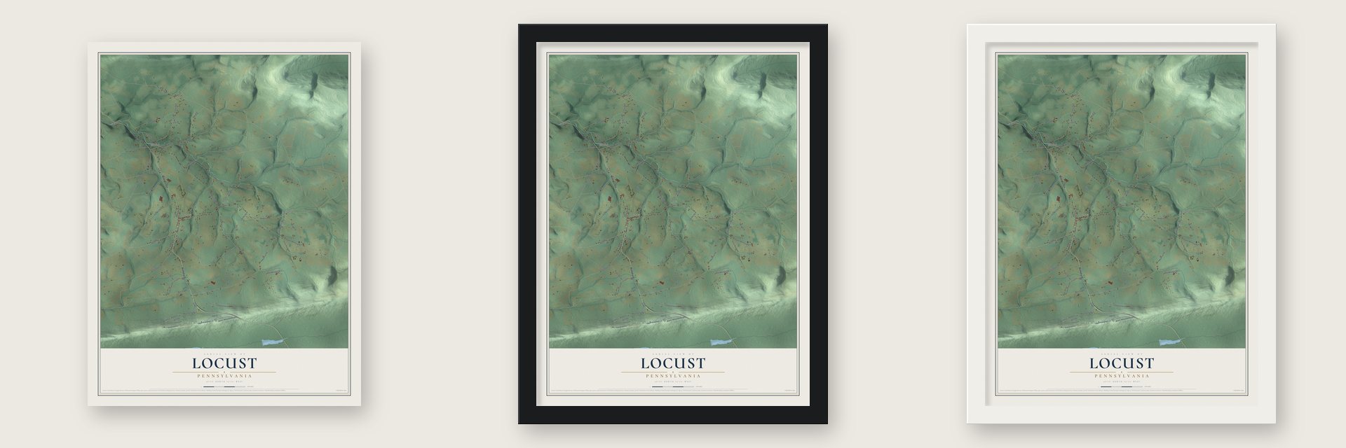 Locust, Pennsylvania map unframed, in a black wood frame and in a white wood frame