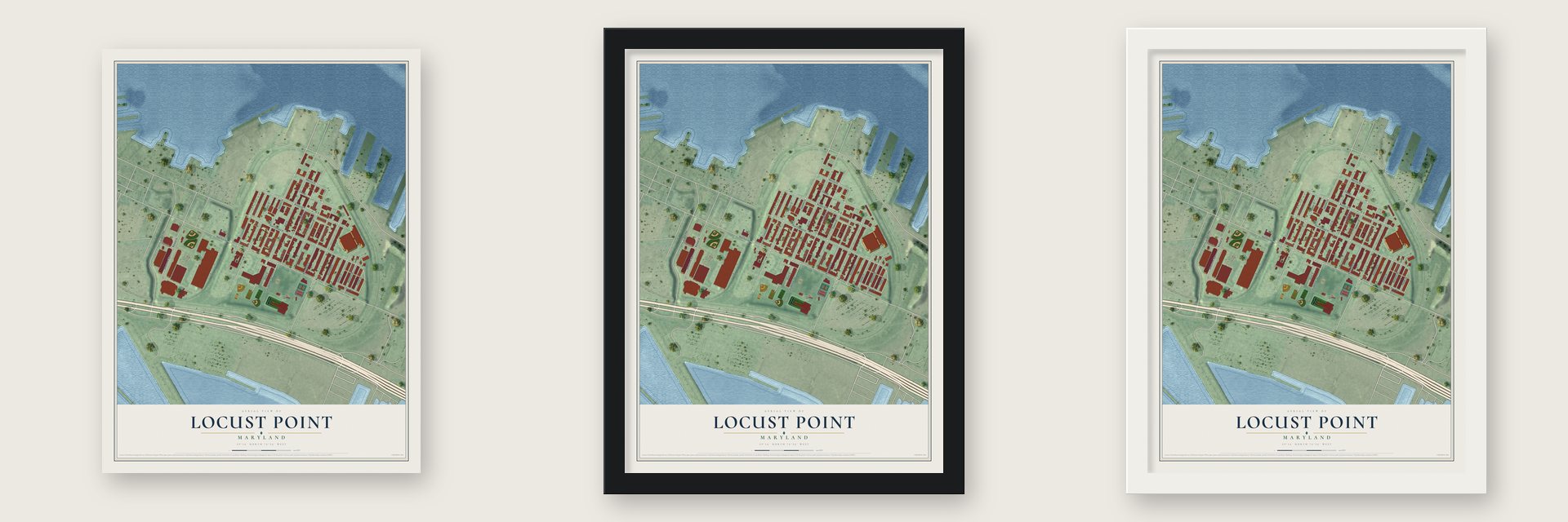 Locust Point, Maryland map unframed, in a black wood frame and in a white wood frame