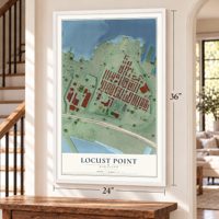 Locust Point, Maryland map, 24 x 36 inch print in a white frame by a staircase