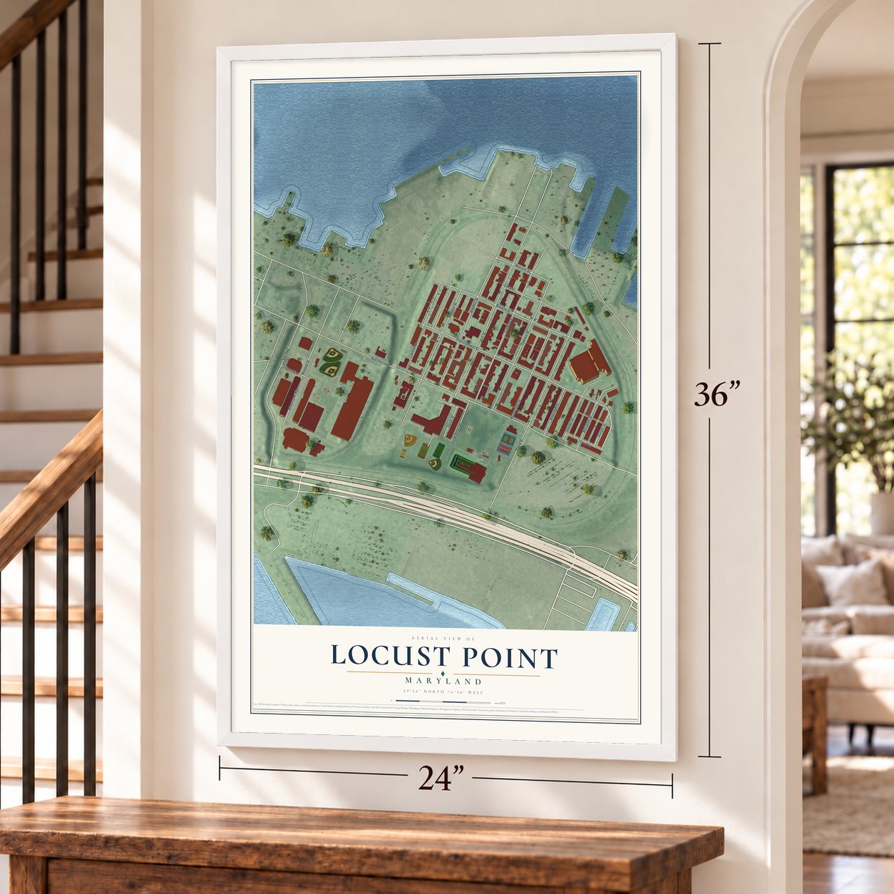 Locust Point, Maryland map, 24 x 36 inch print in a white frame by a staircase