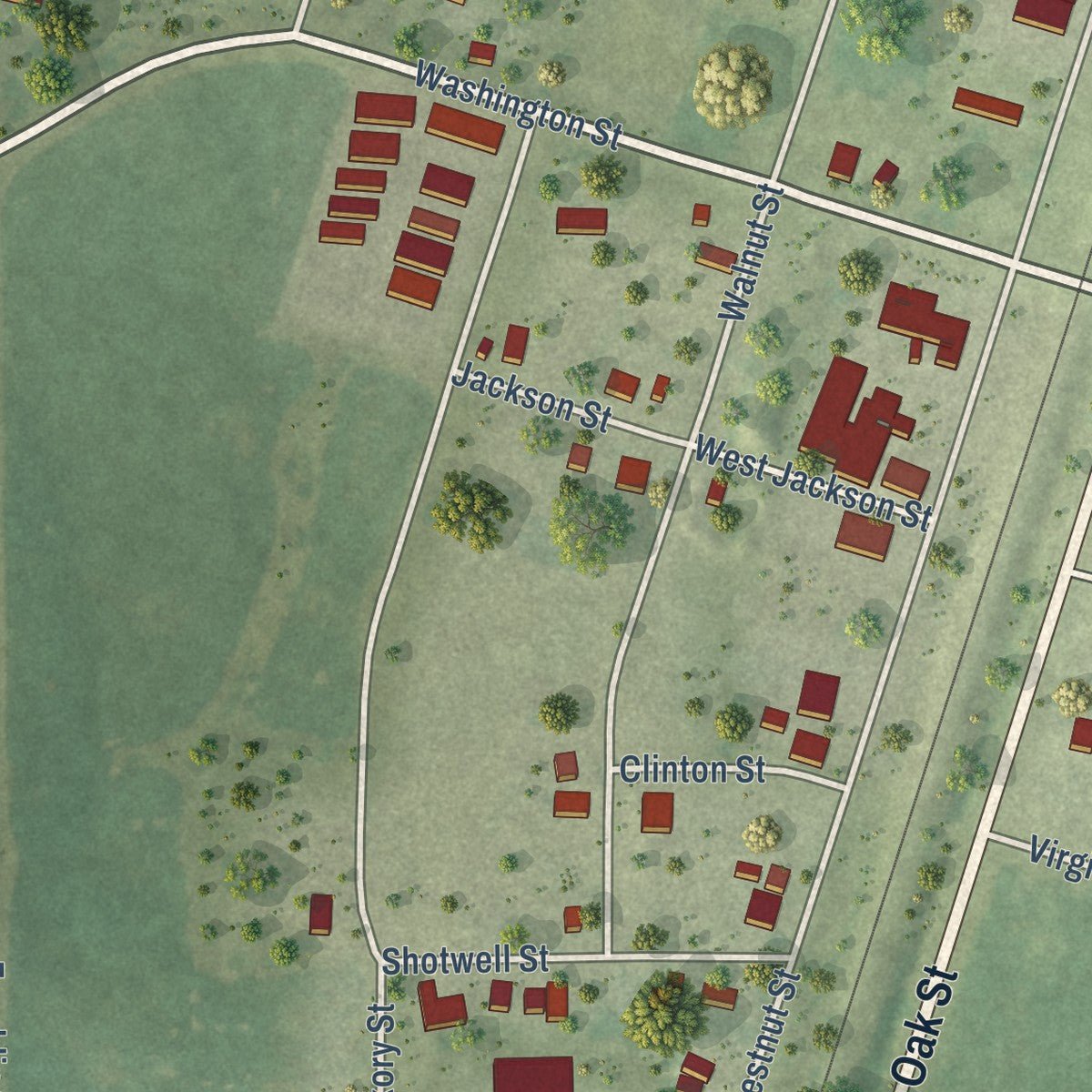 Second close-up of the map of Loda, Illinois print showing more streets and buildings