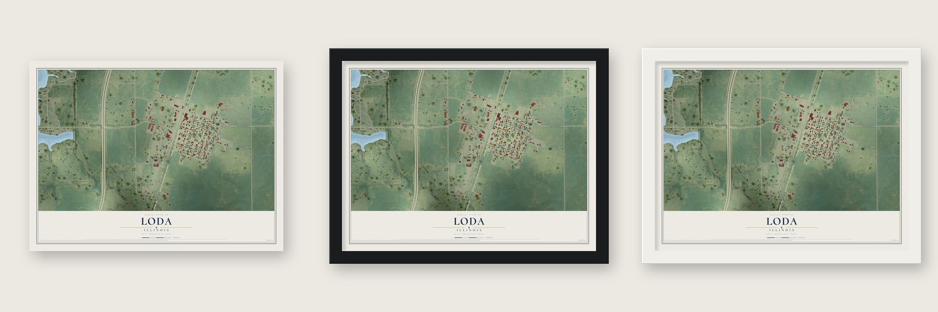 Loda, Illinois map unframed, in a black wood frame and in a white wood frame